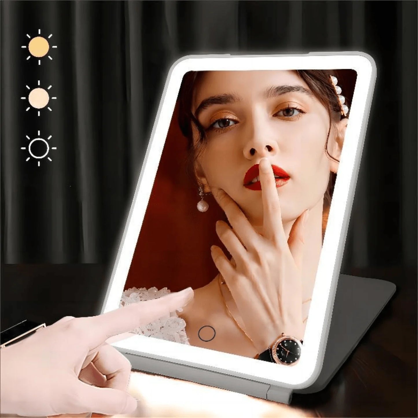 LED Travel Makeup Mirror With Light, Portable Lighted Vanity Mirror 3 Color Dimmable Lighting, Rechargeable Tabletop LED Folding