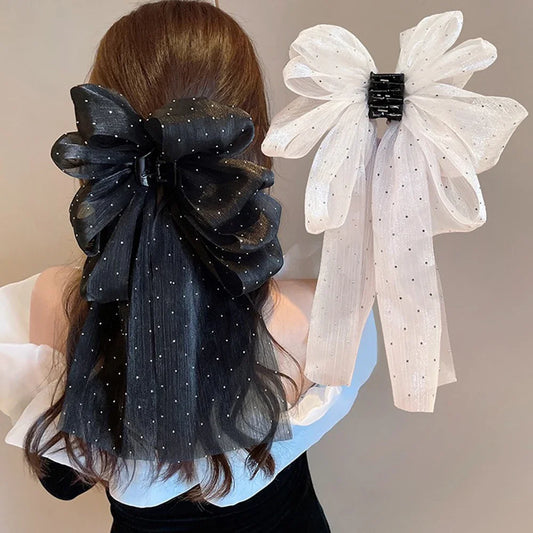 Large Mesh Bow Hair Claw Clip Sweet Elegant Simple Hairpin Women Ponytail Hair Crab Clip Girls Ribbon Non-slip Hair Accessories