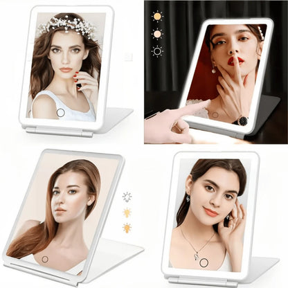 LED Travel Makeup Mirror With Light, Portable Lighted Vanity Mirror 3 Color Dimmable Lighting, Rechargeable Tabletop LED Folding